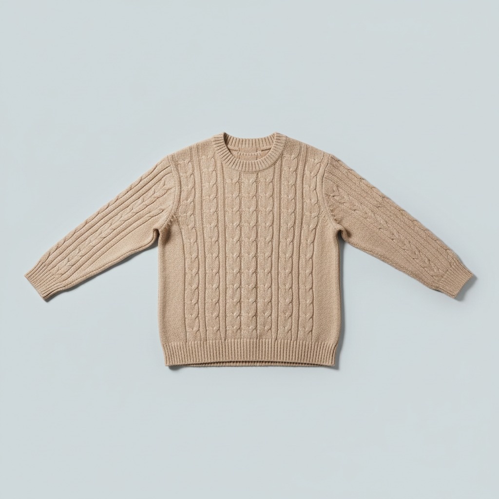 Cable Crewneck Sweater — whole garment. A rounded crew neck, raised cable columns and full-length sleeves.