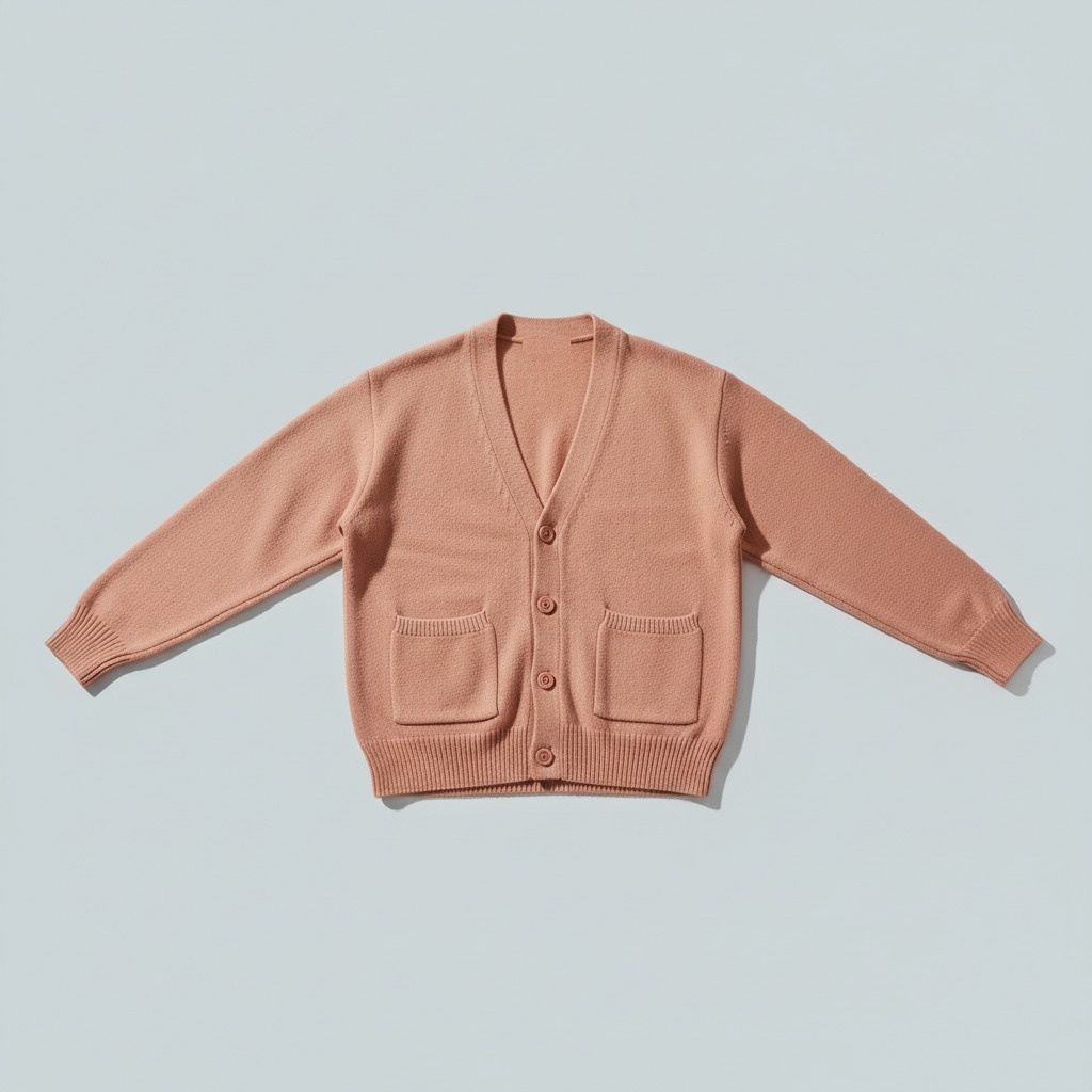 Button-front Cardigan — whole garment with complete edges. An openable front with round buttons and two patch pockets.