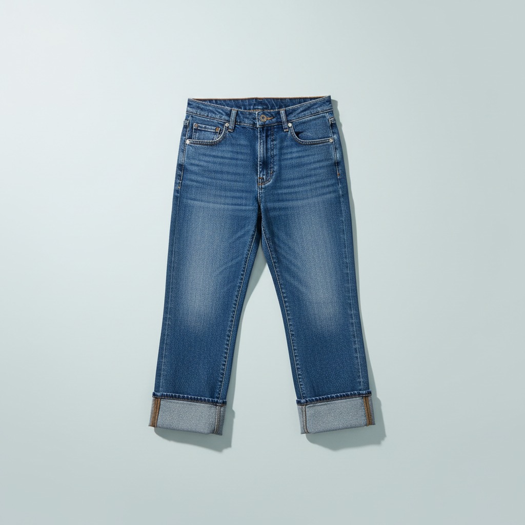 Cropped Jeans — whole garment. Shorter legs with broad turned-up cuffs and a clear full waistband.
