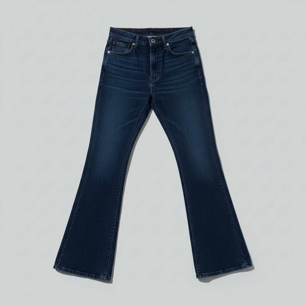 Flared Jeans — whole garment. A narrower upper leg that visibly opens below the knee.