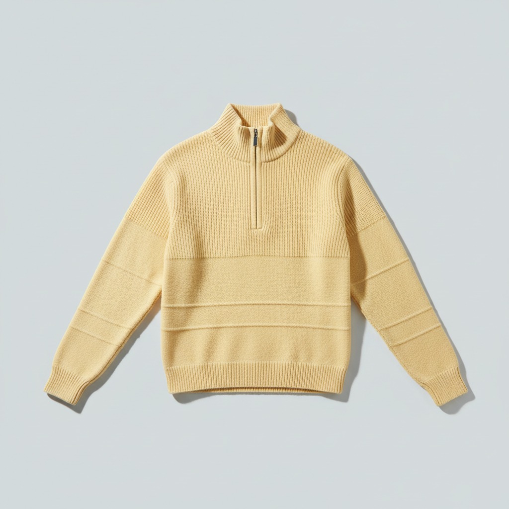 Half-zip Collar Sweater — whole garment with complete edges. A short front zipper, stand collar and broad horizontal knit bands.