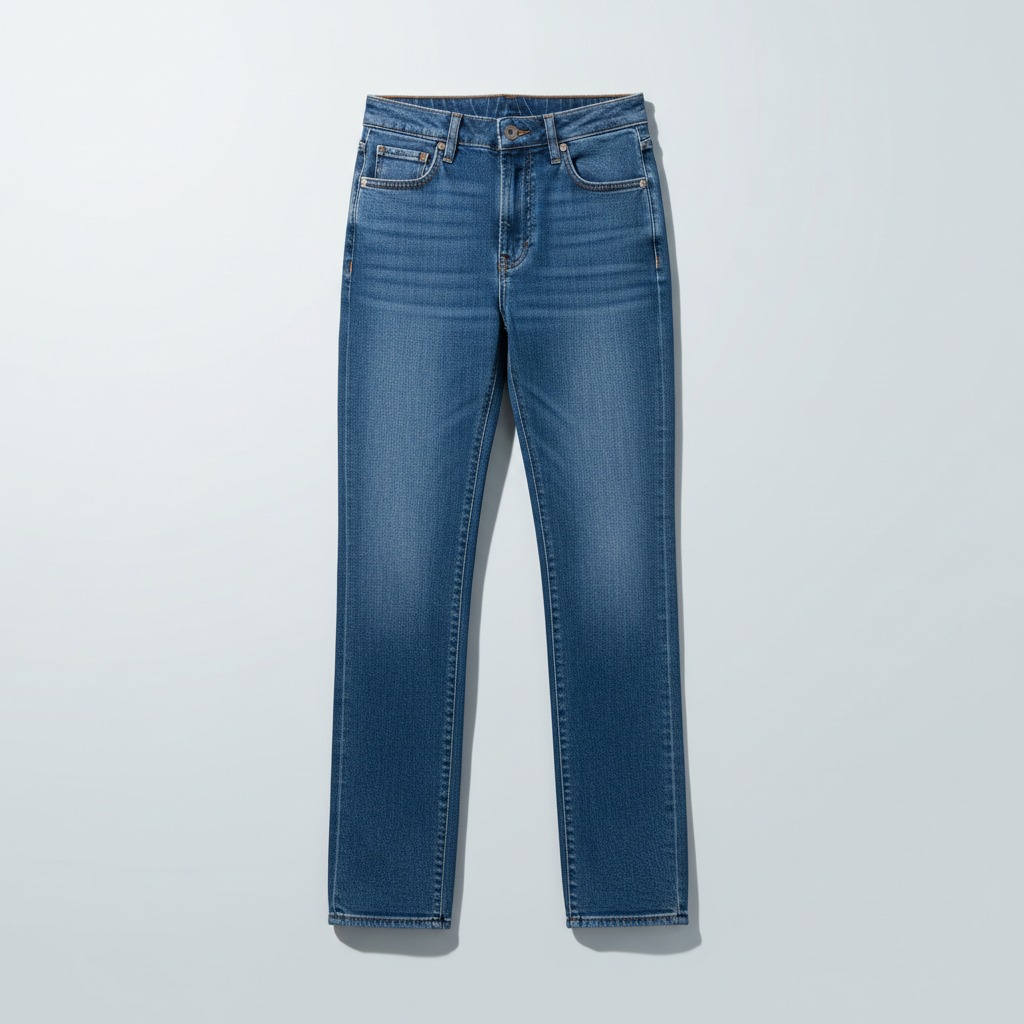 Straight-leg Jeans — whole garment. A consistent leg line from the thigh down to the full hem.