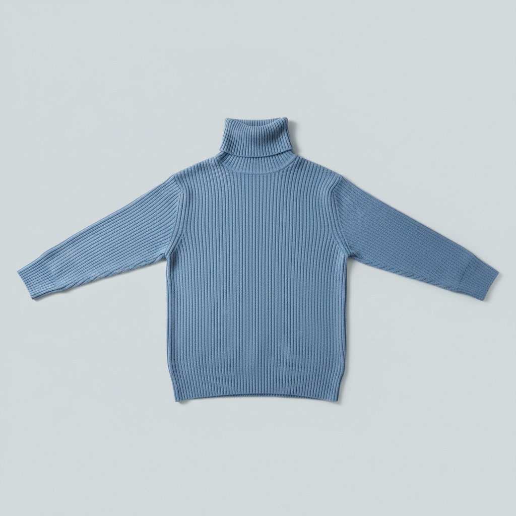 Ribbed Turtleneck Sweater — whole garment. A tall folded neck and continuous vertical rib texture.